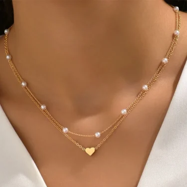 LATS Simple Pearl Choker Necklaces for Women Fashion Double Layer Chain Small Love Heart Pendant Necklace Jewelry Gift Wholesale 1