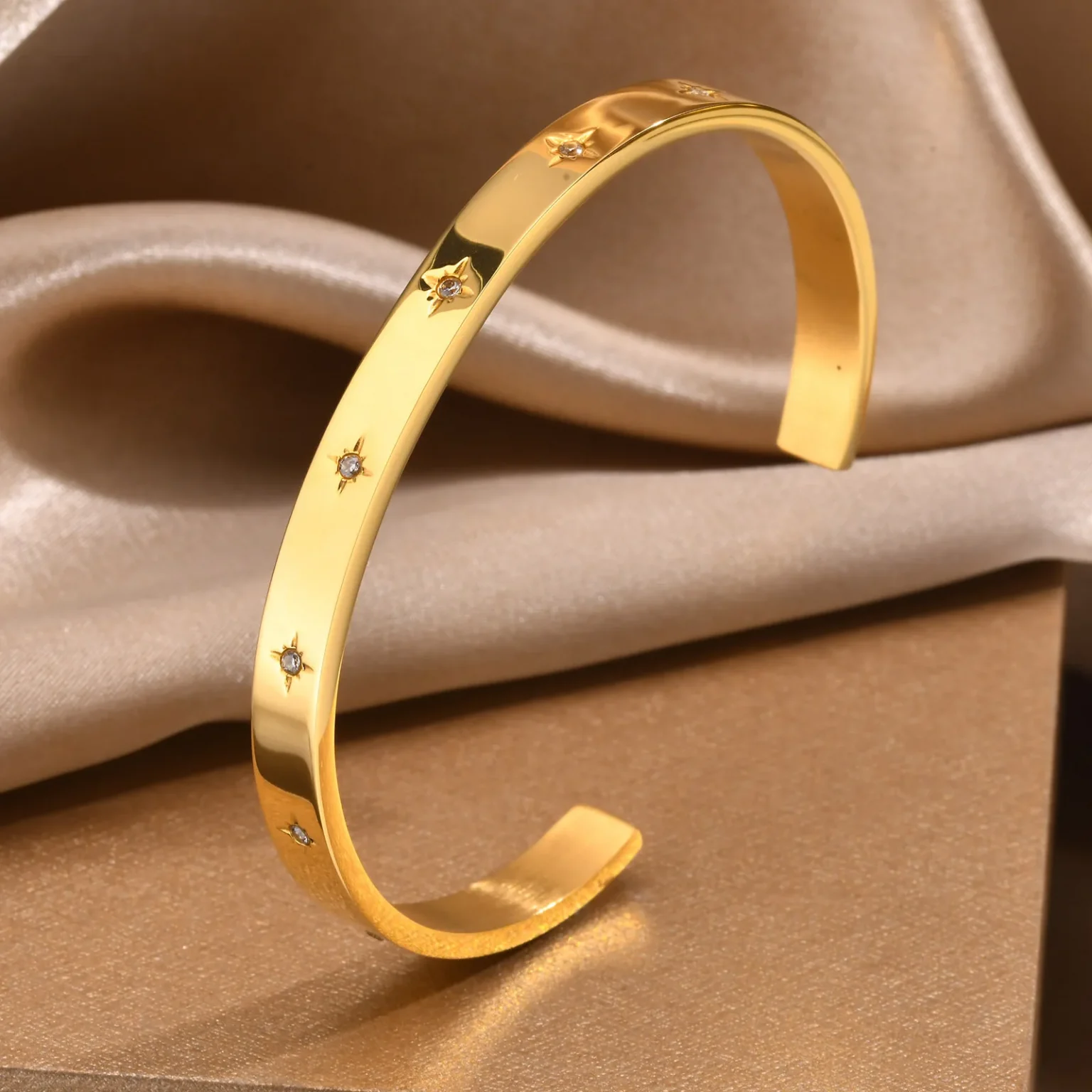 Open Adjustable Star Starburst Cuff Bangle Bracelet for Women Stainless Steel Cubic Zirconia Inlay Charm Layered Jewelry 3