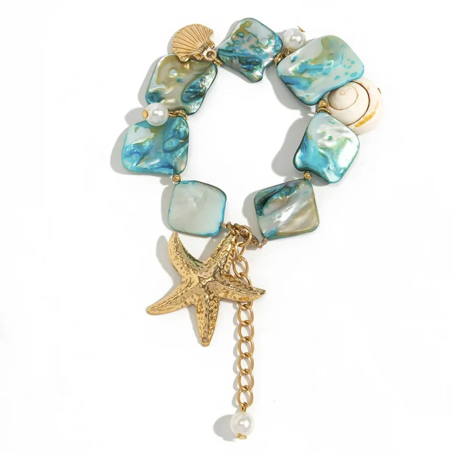 Boho Shell Sea Star Imitation Pearl Pendant Bracelet 2024 Women's Simple Creative Blue Handmade Weaving Girls Beach Jewelry 5