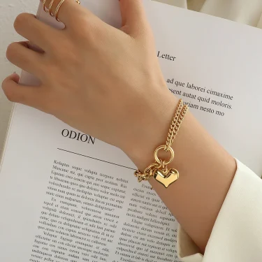 Statement Heart Pendant Bracelet Stainless Steel Gold color Jewelry Fashion Metal Texture Bracelet Accessories 2023 3
