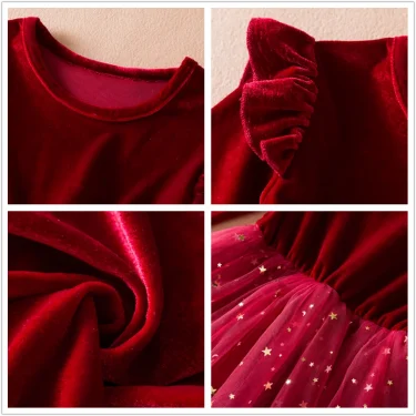 2025 Red Christmas Dress for Baby Girls Winter Long Sleeve Mesh Dresses for 3-8Yrs Kid Star Sequin Birthday Party Princess Dress 5
