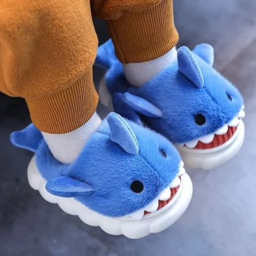 New Cute Cartoon Warm Shark Fluffy Slippers Baby Winter Indoor Cotton Shoes For Girls Home Children's Non-slip Mule For Kids Boy 1