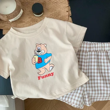 Short Sleeve Tshirt+Plaid Shorts 2 Piece/Set Kids Cartoon Print Short Sleeve Tracksuits For Boys And Girls Cute Summer Clothing 5