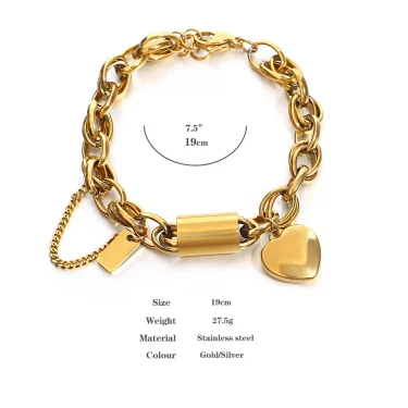 Heart Lock Stainless Steel Charm Bracelet Chunky Gold Plated Chain Love Bracelets Christmas Valentine Gift 6