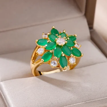 Stainless Steel Green Zircon Rings for Women Gold Color Opening Adjustable Anillos Fashion Geometry Ring Jewelry Party Gift New 5