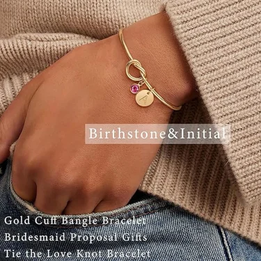 Initial Birthstone 14K Gold Plated Bracelets for Women Bridesmaid Proposal Gift Love Knot Cuff Bangle Bracelet Birthday Gifts 5