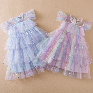 New Summer Girl Sequins Mesh Layers Cake Rainbow Children Vestido Princess Dress 3-8Y Kid Clothes Birthday Party Prom Dress 1
