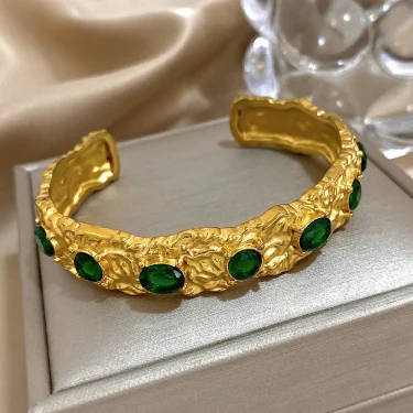 Vintage Green Zircon Stainless Steel Cuff Bracelet Chunky Geometric Textured Gold Plated Waterproof Open Bangles Jewelry Gifts 5