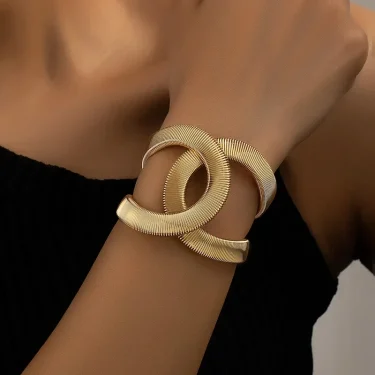 Retro Exaggerated Metal Wide Spring Cuff Bracelet for Women Statement Adjustment Elastic Alloy Fashion Bangle Jewelry Gifts 1