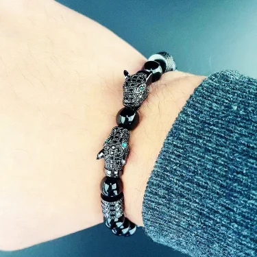 Luxury Black Stone Beads Man Bracelet Leopard Head Charms Women Bracelets Couple Jewelry Valentine's Day 5