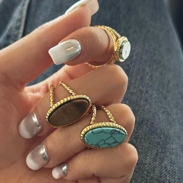 18K Gold Plated Stainless Steel Oval Natural Stone Adjustable Opening Ring ​​Women Charms Metal Texture Waterproof Jewelry 1