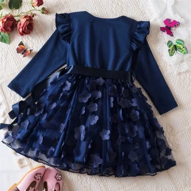 Elegant Girls Dress Long Sleeve Solid Clothes Red Christmas 2024 New Flower Girls Birthday Party Princess Dress for 2-6 Yrs Kids 4