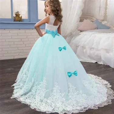 6-14 Years Lace Tulle Flower Girl Dresses Flower Bows Children First Communion Ball Gown Wedding Party Bridesmaid Dress for Kids 5