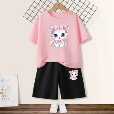 Girls Cute Happy Cat Printed Clothes Set Kids Summer Fashion Short Sleeve T Shirt+Shorts 2pc Suit Children Outfits 3
