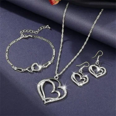 Exquisite Double Heart Necklace Earrings Bracelet Jewelry Set Charm Ladies Jewelry Fashion Bridal Accessory Set Romantic Gifts 4