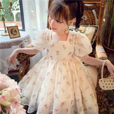 Summer New Girls Princess Dress Full Print Flowers Puff Sleeve Bow Mesh DresseTutu Birthday Party Gown For 2-12 Years Kids 3