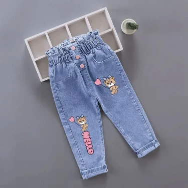 Winter Baby Girls Plush Denim Pants Toddler Kids Cartoon Butterfly Printing Jeans Children Fashion Leisure Keep WarmTrousers1-6Y 2