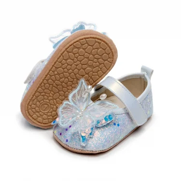 Princess Baby Girl Dress Shoes Soft Sole Rubber Anti-slip First Walker Shiny 3D Butterfly Mary Jane Flats Non-Slip Crib Shoes 2