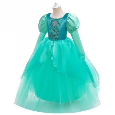 Mermaid Dress For Girls Cartoon Princess Theme Party Costume Kids Sequin Applique Floor Length Tulle Fluffy Frocks 2