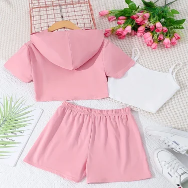 Three Piece Summer Girl Cute Letter Print Double Shoulder Suspender Jacket Shorts Princess Casual Daily Birthday Party Dress 2