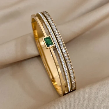 Luxury Stainless Steel Cuff Bracelet For Women Mens Gold Silver Color Couple Bracelets Green White Rhinestone Wide Bangle Gift 4