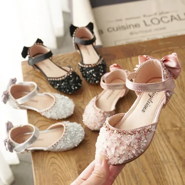 New Kids Leather Shoes Girls Wedding Shoes Children Princess Sandals Sequins Bow Girls Casual Dance Shoes Flat Sandals 2