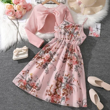 2Pcs Sets Children Girls Clothes Set Sling Floral Dress Pink Long Sleeves Overcoat Costume Summer Dress for Kids Girl 8-12 Years 1