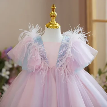 New Summer Children's Girl Party Dress Bubble Sleeves Bridesmaid Wedding Flower Princess Dresses Kids Formal Clothing 5