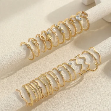 Fashion Simple Wave Joint Rings Set For Women Crystal Heart Shape Gold Silver Color Ring Female Party Jewelry 5