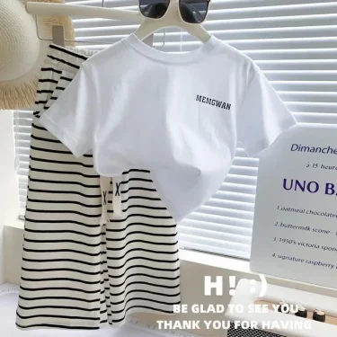 1-8 Years Summer Girls Clothing Set Comfortable Letter T-shirt+Stripe Loose Fitting Pants 2Pcs Suit For Kids Children Outfit 2