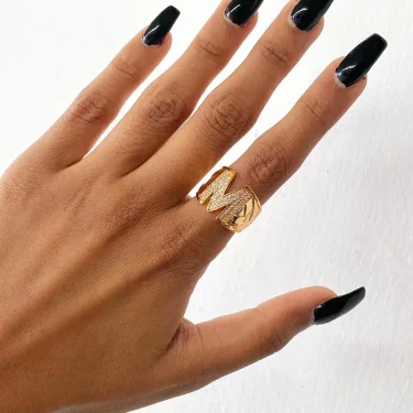 Chunky Wide Zircon Initial Letter Rings For Women Stainless Steel Opening Finger Ring Hip Hop Minimalist Jewelry Gift Femme 3