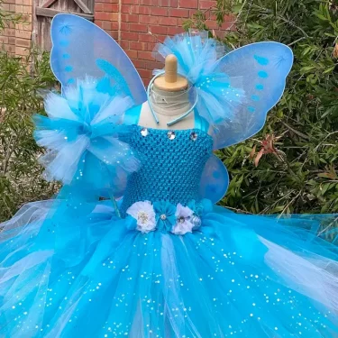 Girls Blue White Glitter Tutu Dress Kids Flower Fairy Dress with Butterfly Wing Stick Children Party Costume Princess Dresses 5
