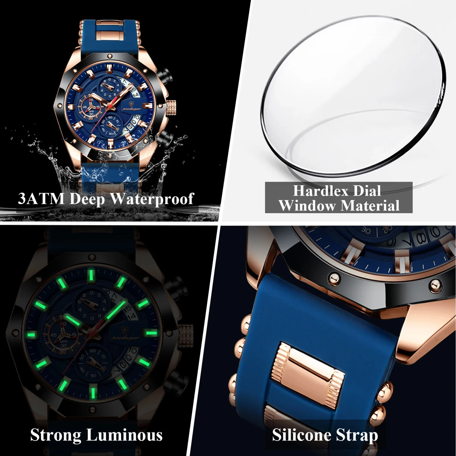 POEDAGAR Luxury Quartz Men Watch Silicone Strap Date Sport Man Wristwatch Waterproof Luminous Chronograph Military Men's Watches 4