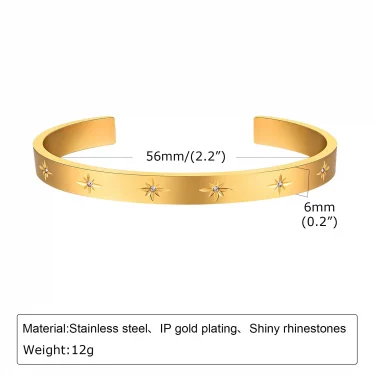 Open Adjustable Star Starburst Cuff Bangle Bracelet for Women Stainless Steel Cubic Zirconia Inlay Charm Layered Jewelry 2