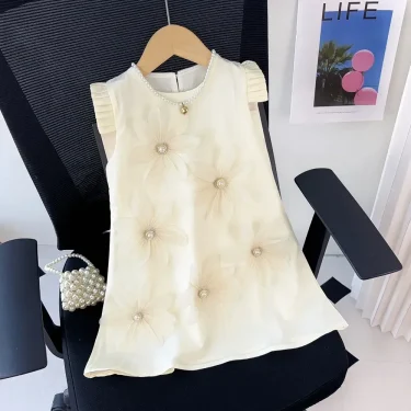 Bear Leader 2-7 Year Old Children's Wedding Birthday Party Clothing Summer Girl Princess Beige 3D Flower Tank Top Dress 4