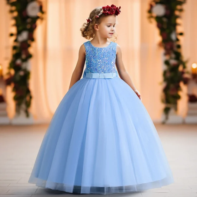 12 14Yrs Girls Princess Pageant Dress Long Bridesmaid Kids Prom Ball Gowns Children Birthday Party Sequins Backless Luxury Dress 4