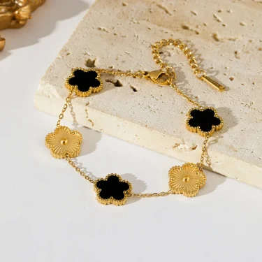 EILIECK 316L Stainless Steel Five Leaf Clover Bracelet For Women Trendy Black Flower Wrist Chain Gold Color Jewelry Holiday Gift 6