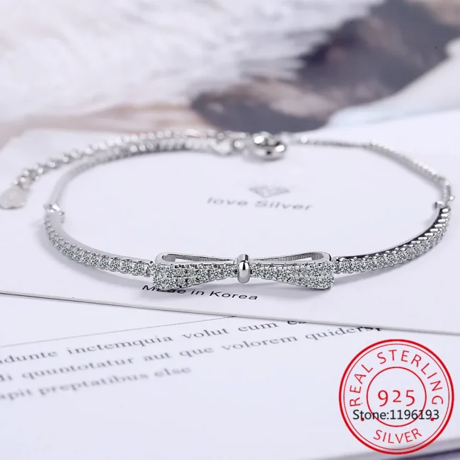 Real 925 Sterling Silver Bowknot Bracelet for Women Shiny Zircon Tennis Hard Bracelet Homme Wedding Party Jewelry Gifts 2