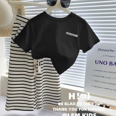 1-8 Years Summer Girls Clothing Set Comfortable Letter T-shirt+Stripe Loose Fitting Pants 2Pcs Suit For Kids Children Outfit 1