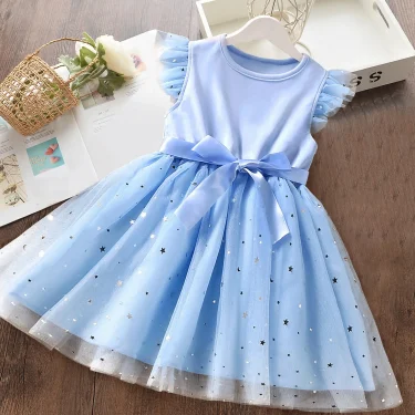 Summer Dress for Girls Sequin Eleagnt Solid Tulle Baby Clothes 2 4 6 Yrs Birthday Party Kid's Dresses 2024 New in Dress for Baby 2