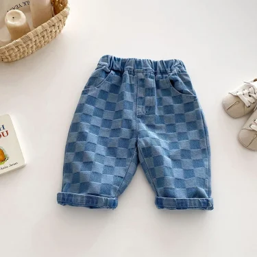 MILANCEL 1-5Y Children Jeans Boys Denim Pants Mid Waist Girls Trousers Fashion Kids Plaid Pants 3