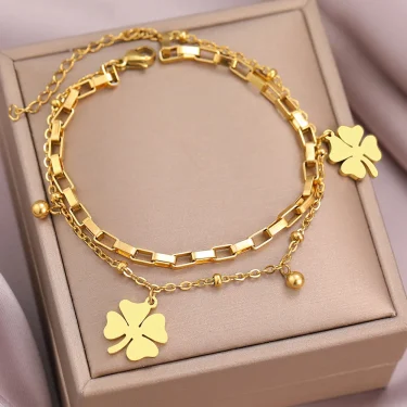 Stainless Steel Bracelets Trendy Fine Bell Clovers Pendant Beads Layer Chain Fashion Bracelet For Women Jewelry Festival Gifts 1