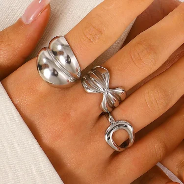 3Pcs/set Stainless Steel Bow Curved Open Adjustable Rings for Women Vintage Gold Color Exaggerated Metal Geometric Ring Jewelry 2