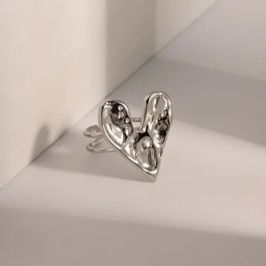 Stainless Steel Hammer Pattern Big Heart Opening Golden Ring for Women Fashion Accessories Texture Design Jewelry Birthday Gifts 5