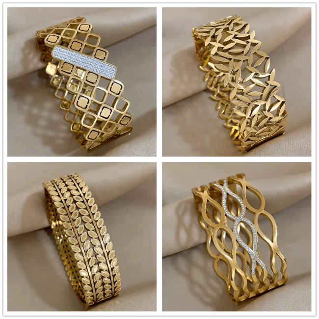 AENSOA Chunky Punk Gold Color Charm Leaf Wide Big Coin Stainless Steel Wide Bangle Bracelet for Women New Geometric Jewelry Gift 1