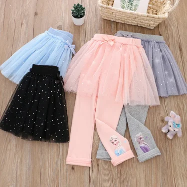Quality Cotton Girls Skirt Pants for Children Disney Frozen Elsa Princess Skirts Baby Girl Pink Blue Trouser Lace Kids Leggings 6