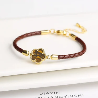 Classic Genuine Leather Woven Natural Stone Five Leaf Flower Charm Bracelet Fashion for Women Girls Party Wedding Jewelry Gift 2