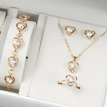 5PCS Set Gold-Color Heart Shaped Jewelry Sets Of Ring Earrings Necklace For Women Elegance Rhinestone Double Heart Jewelry 1