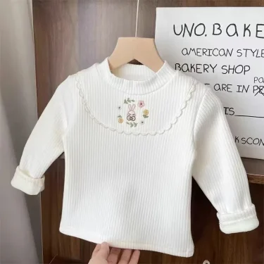 1pcs Children's T-Shirts Cartoon Embroidery Velvet warm top Kids Half High Collar Long Sleeve Base Shirt Girls Tshirts Clothes 2