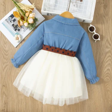 Spring Long Sleeved Dress Girl Denim Blue Dress Fake Two Pieces Tutu Dress For Kids Send Bow Belt 2